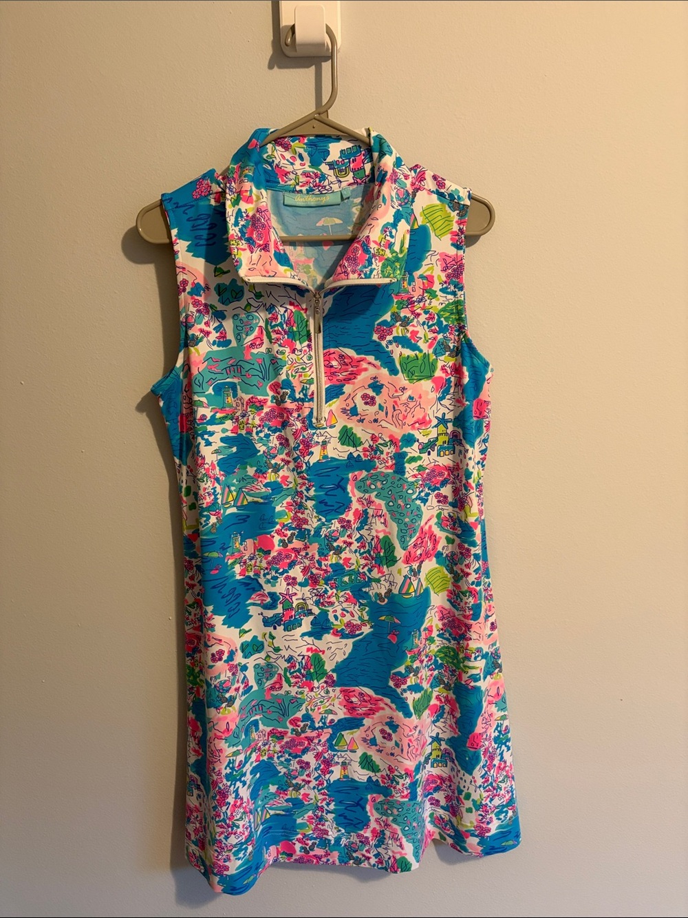 Sleeveless Floral Print Polo Dress in Aqua and Pink